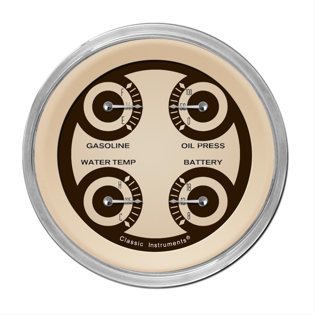 Classic Instruments Nostalgia VT Series Gauge Sets NT76SHC Gauge, VT, Quad, Water Temperature, Fuel Level, Voltmeter, 3 3/8 in., Beige Face, Analog, Each