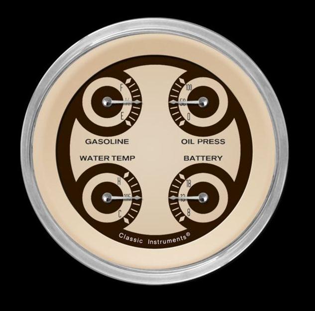 Classic Instruments Nostalgia VT Series Gauge Sets NT77SHC Gauge, VT, Quad, Water Temperature, Fuel Level, Voltmeter, 3 3/8 in., Beige Face, Analog, Each