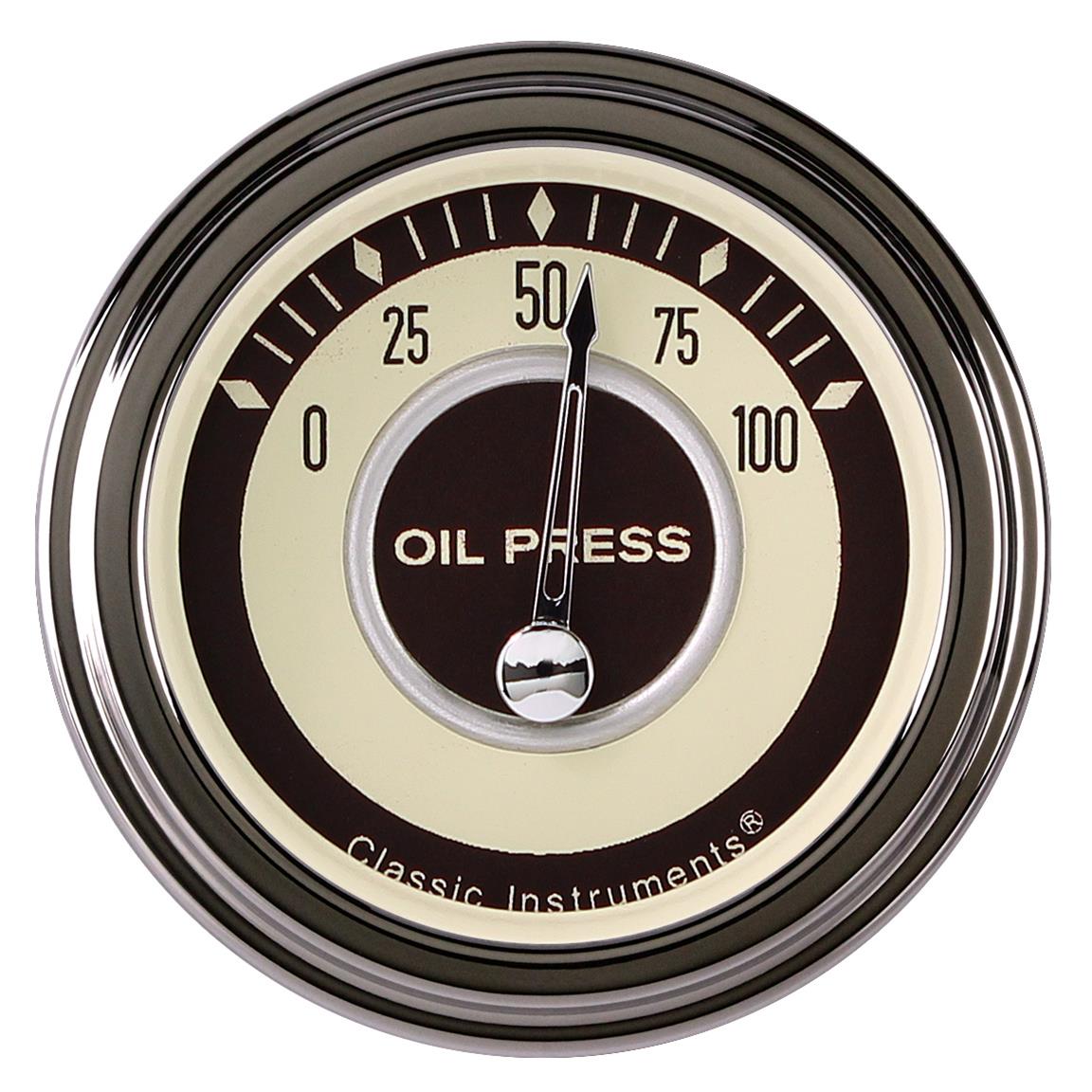 Classic Instruments Nostalgia VT Series Gauges NT81SLF Gauge, Series, Oil Pressure, 0-100 psi, 2 1/8 in., Beige Face, Stainless Low Step Bezel, Flat Lens, Each