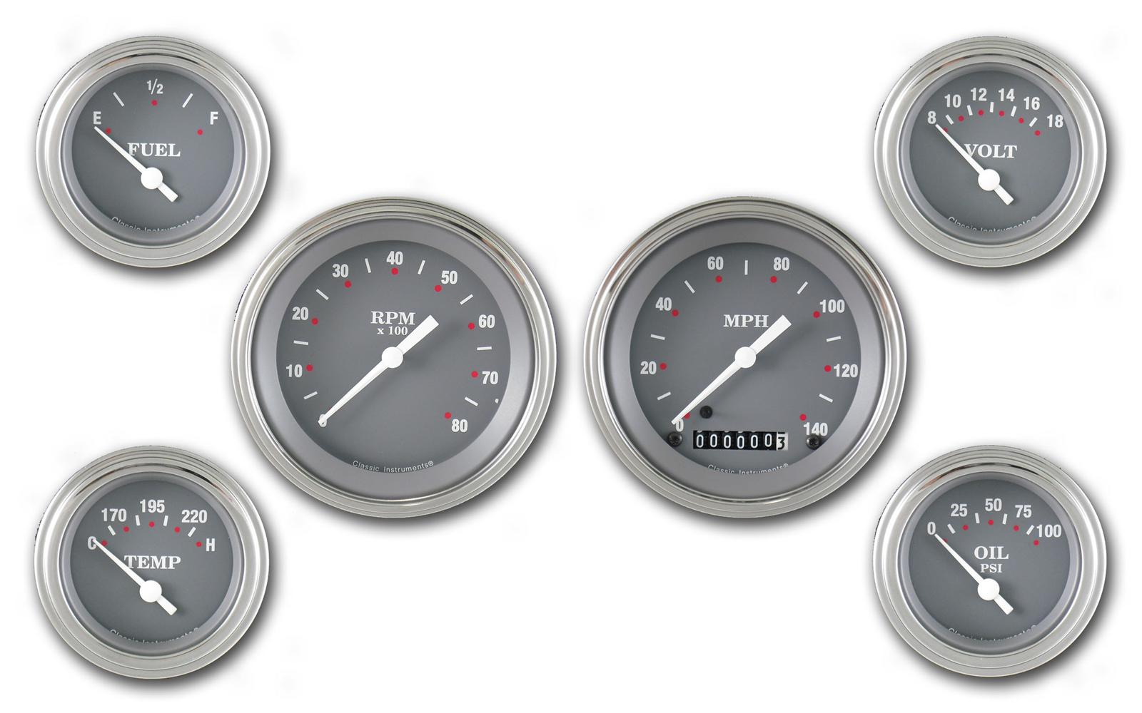 Classic Instruments SG Series Gauge Sets SG01SLF Gauges, SG, Speedometer, Tach, Water Temperature, Fuel Level, Gray Face, Analog, Electronic, Set of 6