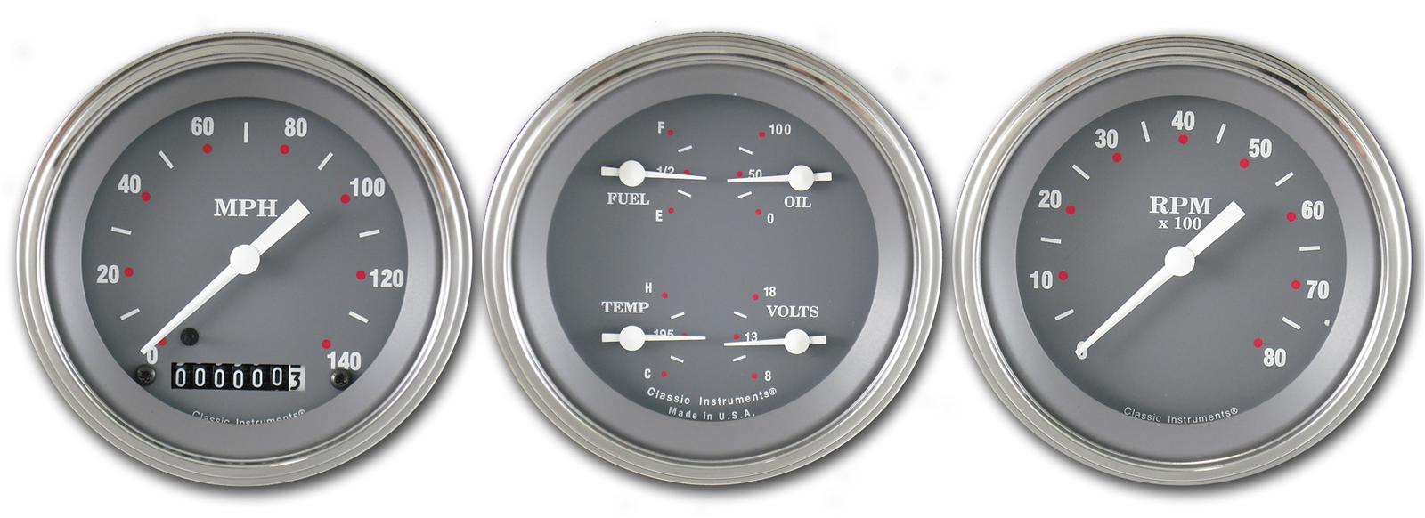 Classic Instruments SG Series Gauge Sets SG03SLF Gauges, SG, Speedometer, Tach, Water Temperature, Fuel Level, 3 3/8 in., Gray Face, Analog, Set of 3