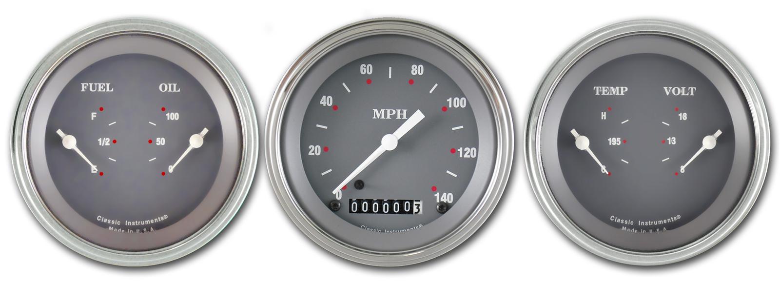 Classic Instruments SG Series Gauge Sets SG04SLC Gauges, SG, Speedometer, Water Temperature, Oil Pressure, Fuel Level, 3 3/8 in., Gray Face, Analog, Set of 3