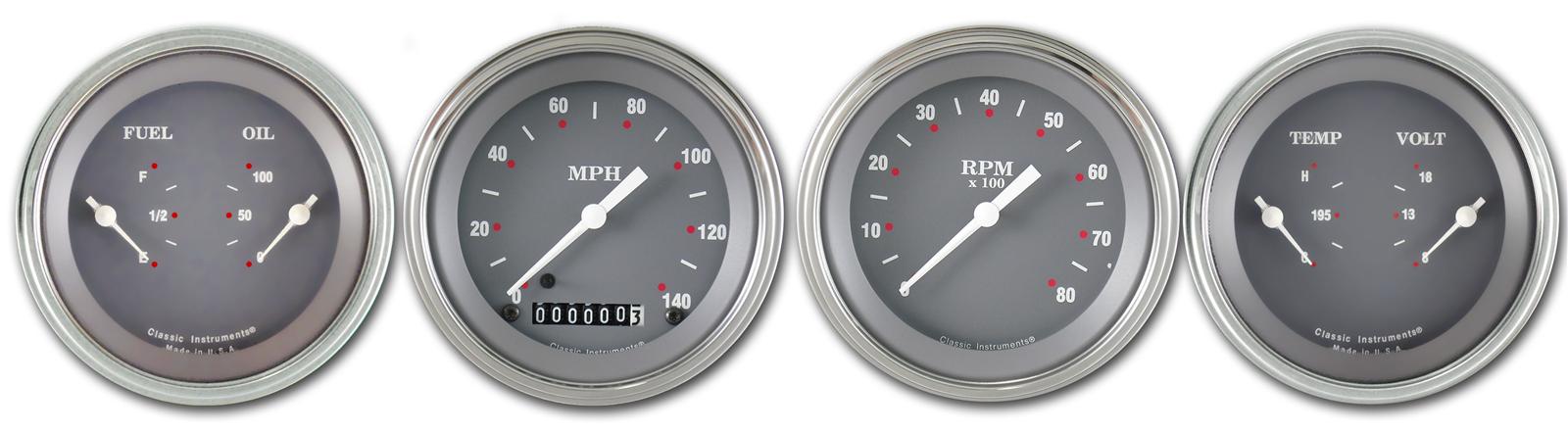 Classic Instruments SG Series Gauge Sets SG05SLF Gauges, SG, Speedometer, Tach, Water Temperature, Fuel Level, 3 3/8 in., Gray Face, Analog, Set of 4