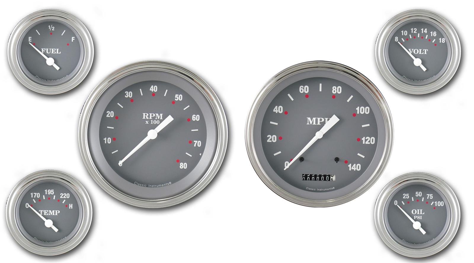 Classic Instruments SG Series Gauge Sets SG51SLC Gauges, SG, Speedometer, Tach, Water Temperature, Fuel Level, Voltmeter, Gray Face, Analog, Set of 6