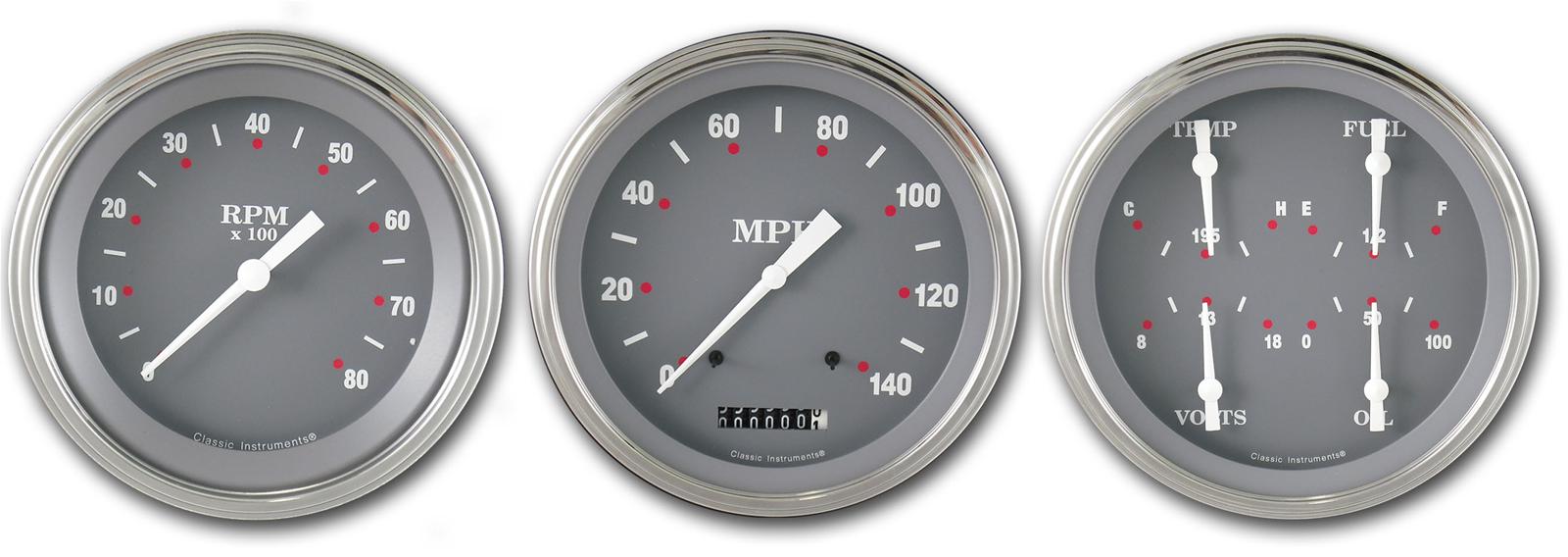 Classic Instruments SG Series Gauge Sets SG53SLF Gauges, SG, Speedometer, Tach, Water Temperature, Fuel Level, Voltmeter, 5 in., Gray Face, Analog, Set of 3