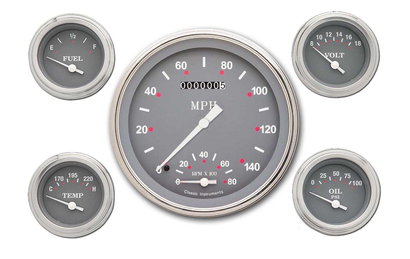 Classic Instruments SG Series Gauge Sets SG65SLF Gauges, SG, Speedometer, Tach, Water Temperature, Fuel Level, Voltmeter, Gray Face, Analog, Set of 5