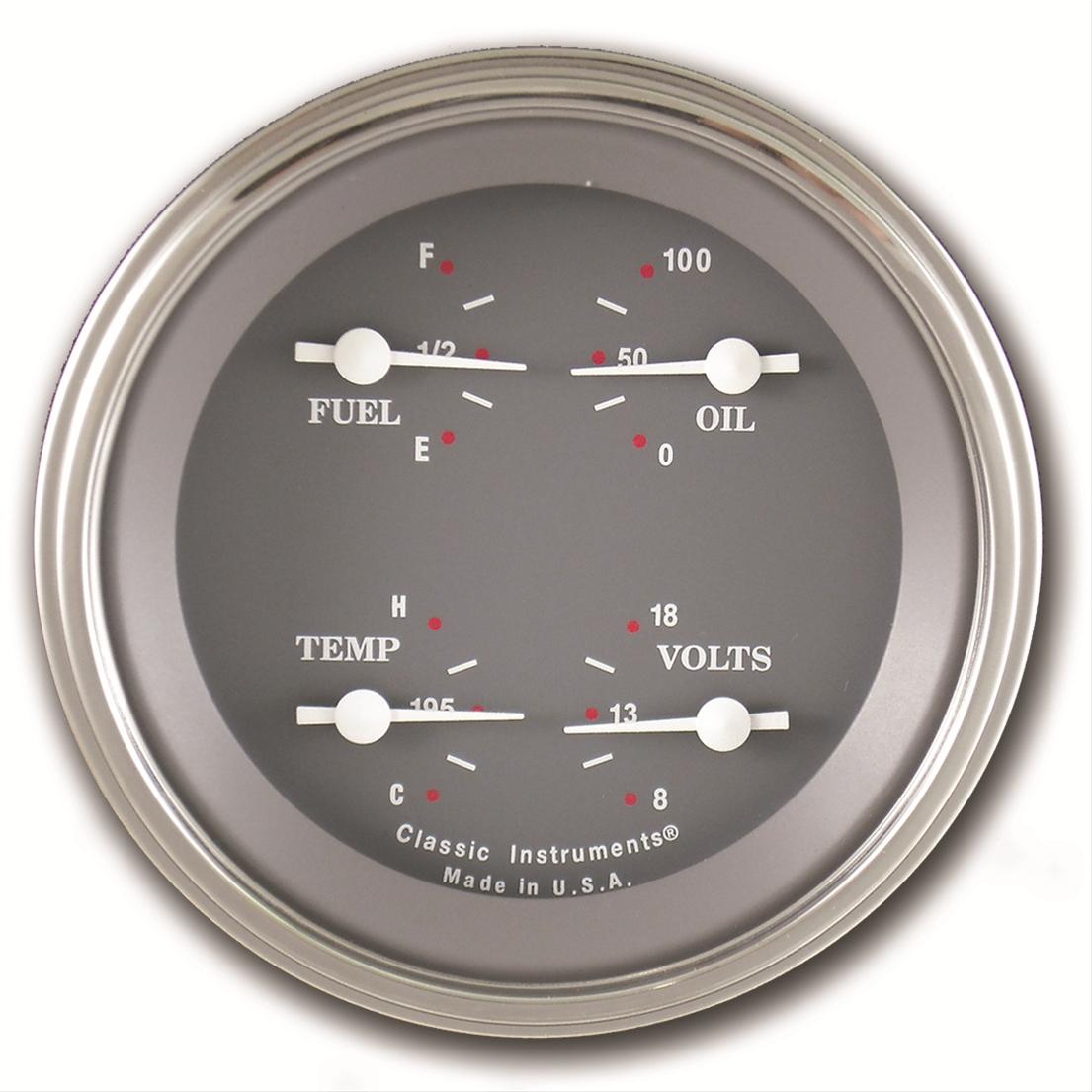 Classic Instruments SG Series Gauge Sets SG77SLF Gauge, Series, Quad, Water Temperature, Oil Pressure, Fuel Level, 3 3/8 in., Gray Face, Analog, Each