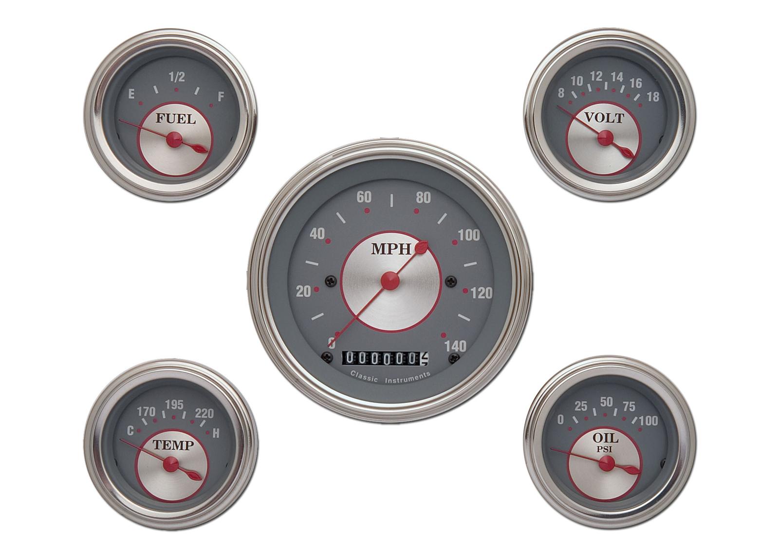 Classic Instruments Silver Series Gauge Sets SS00SLF Set, Series, Analog, Electronic, Gray Face, Red Pointer, Polished Bezel, Kit
