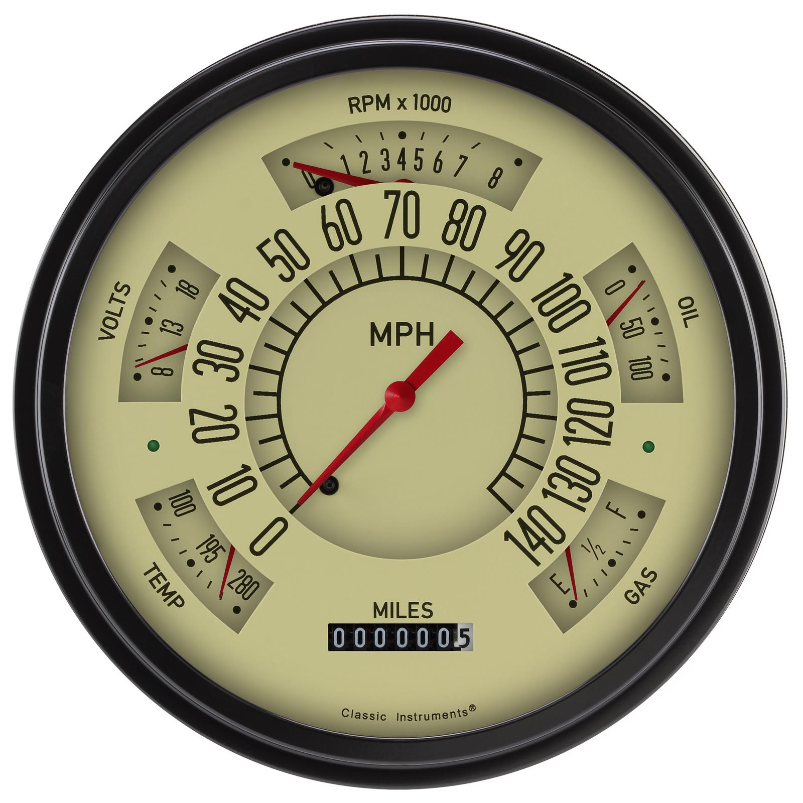 Classic Instruments Six Pack Gauge Sets SX01TBLF Kits, Pack, Analog, Speedometer, Tach, Fuel Level, Oil Pressure, Volts, Water Temp., 6 1/4 in., Tan Face, Black Numbers, Flat Glass, Each