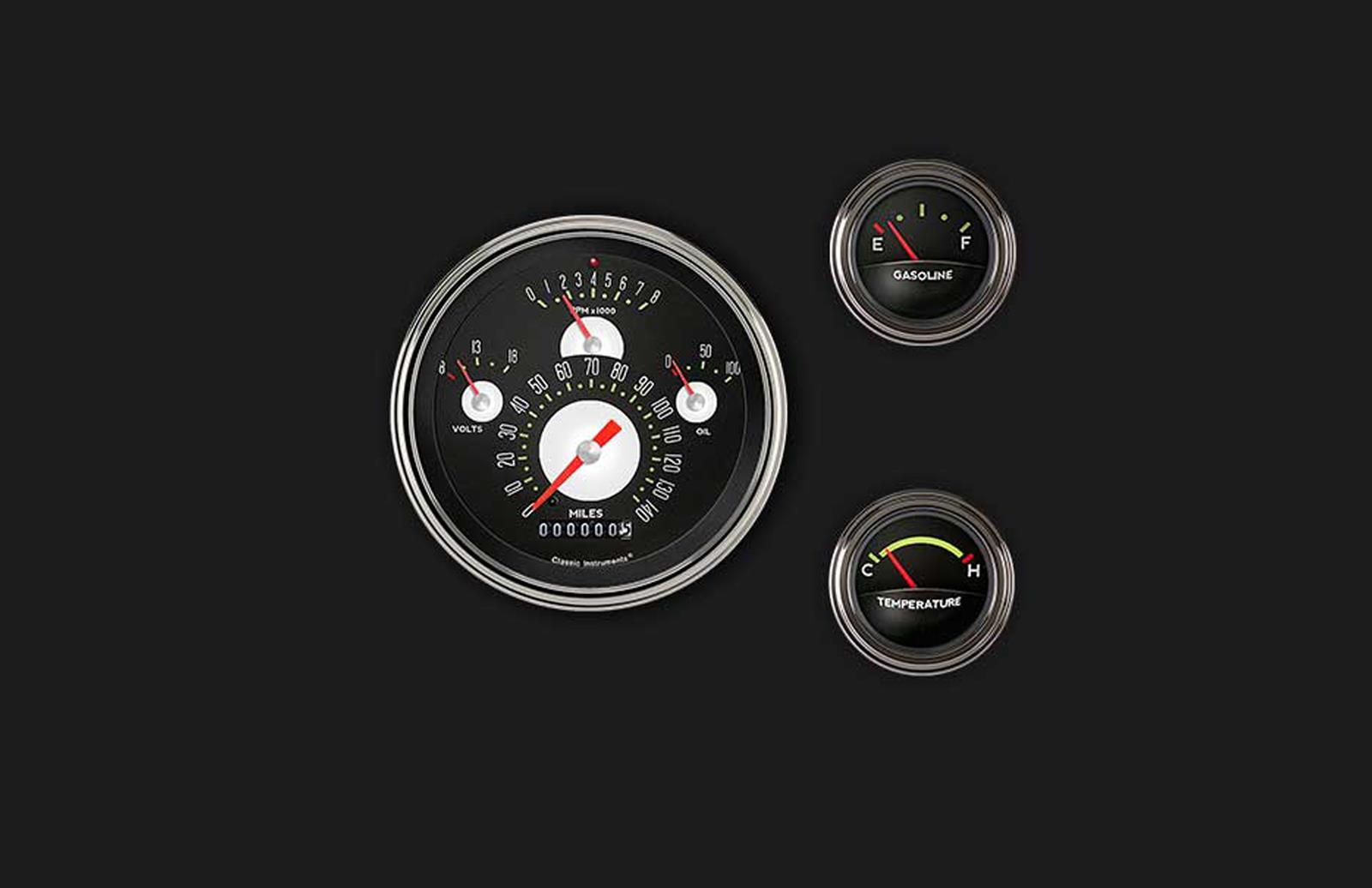 Classic Instruments Tetra Series Gauge Sets TE01ASLF Gauges, Authentic Series, 4 5/8 in., Speedometer, Tachometer, Volt, Oil Pressure, Water Temp, Fuel Level, Stainless Low-Step, Flat Lens, Each