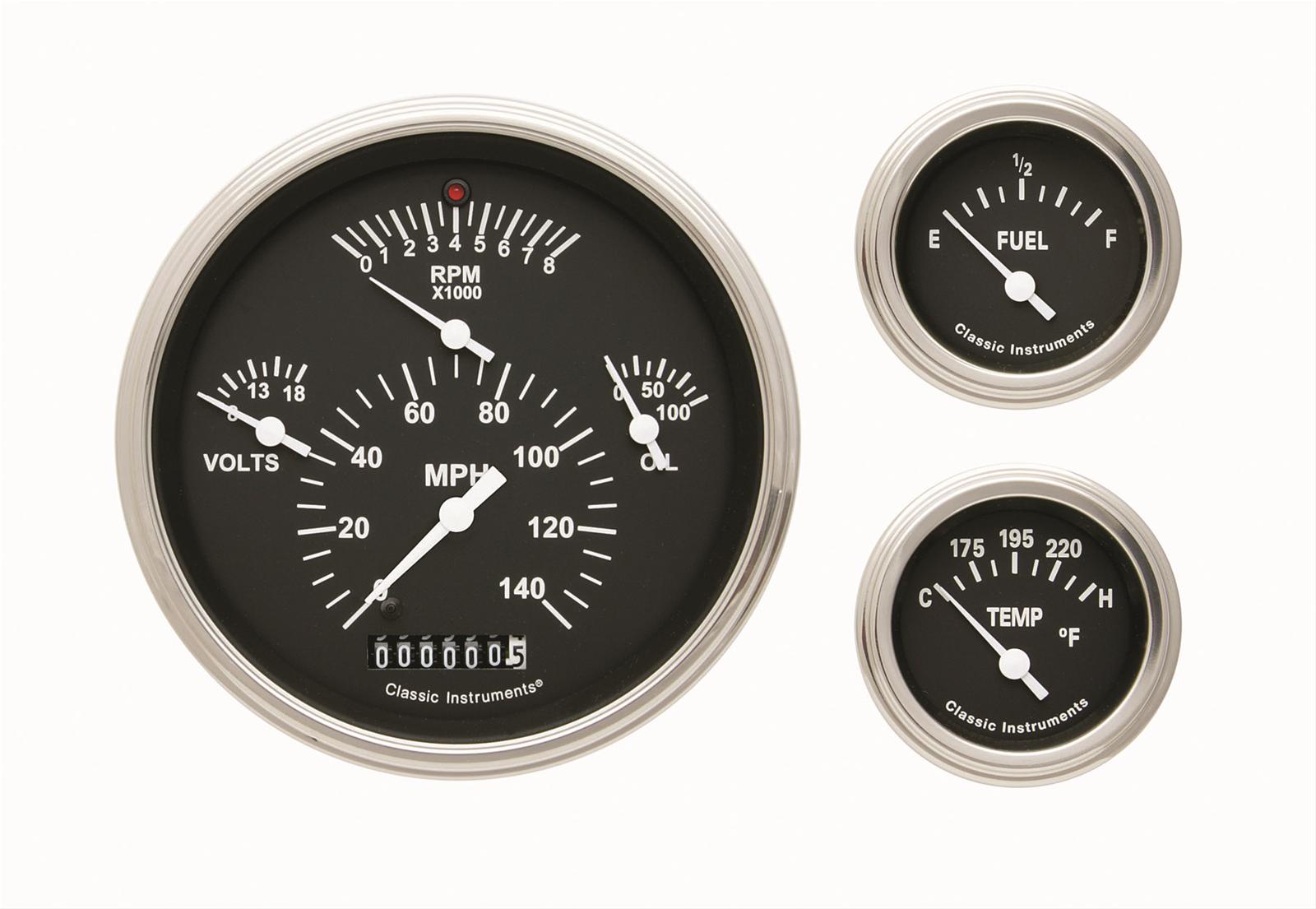 Classic Instruments Tetra Series Gauge Sets TE01BSLF Gauges, Series, Speedometer, Tach, Water Temperature, Fuel Level, Black Face, Analog, Set of 3