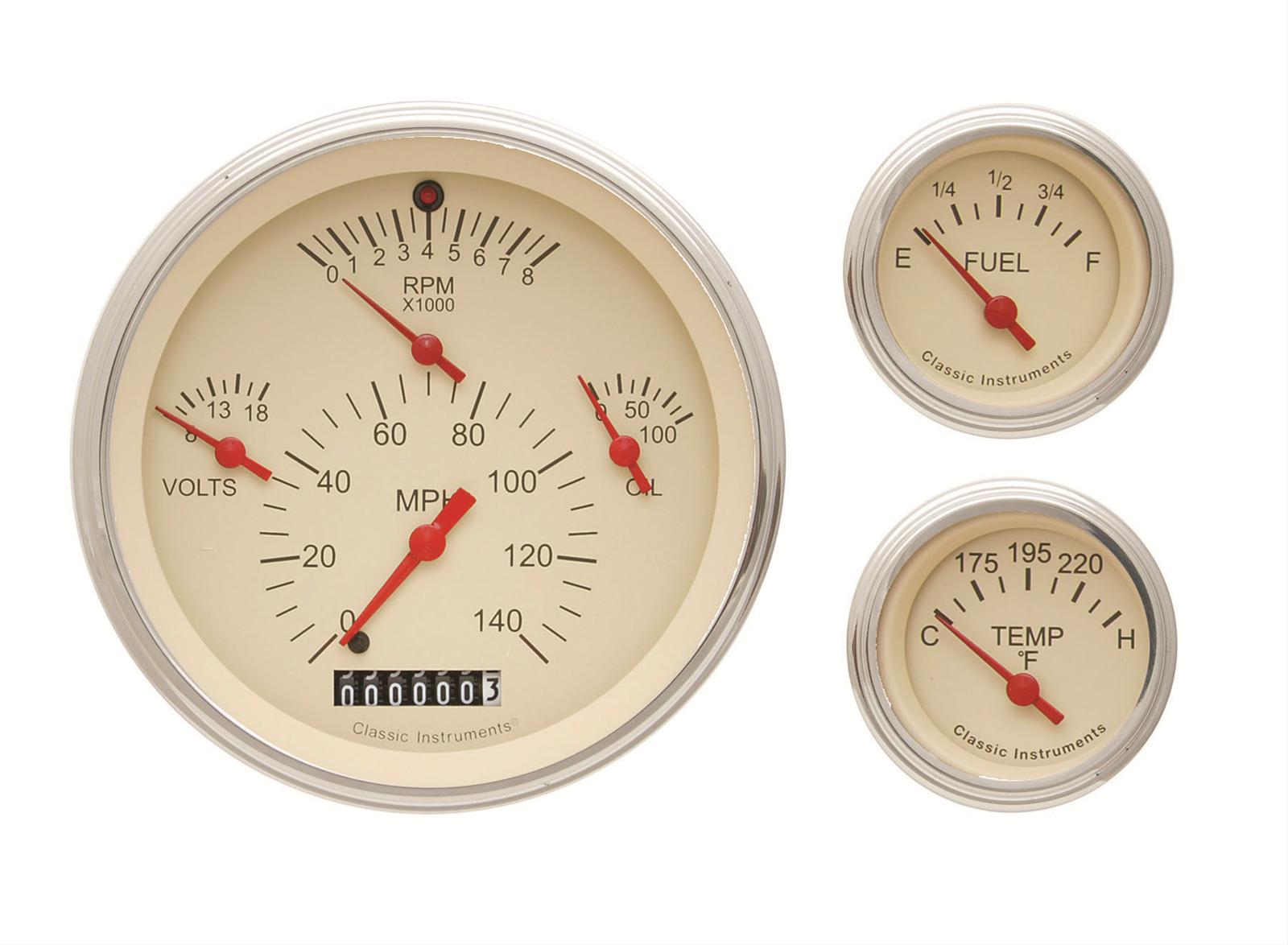 Classic Instruments Tetra Series Gauge Sets TE01TSLF Gauges, Series, Speedometer, Tach, Oil Pressure, Water Temperature, Beige Face, Analog, Electronic, Set