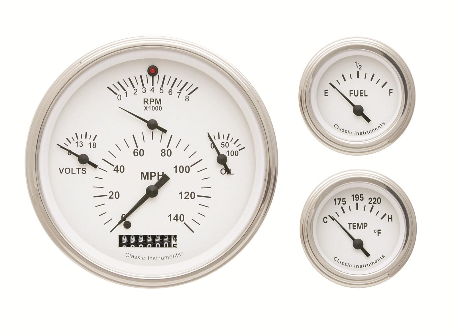Classic Instruments Tetra Series Gauge Sets TE01WSLF Gauges, Series, Speedometer, Tach, Water Temperature, Fuel Level, White Face, Analog, Set of 3