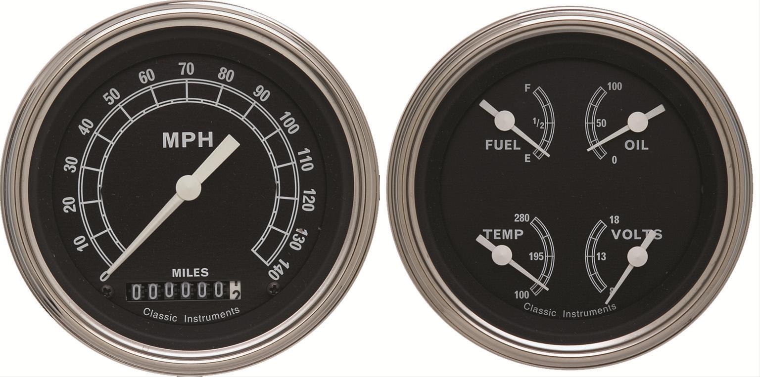 Classic Instruments Traditional Series Gauge Sets TR02SLC Gauges, Series, Speedometer, Water Temperature, Fuel Level, 3 3/8 in., Black Face, Analog, Set