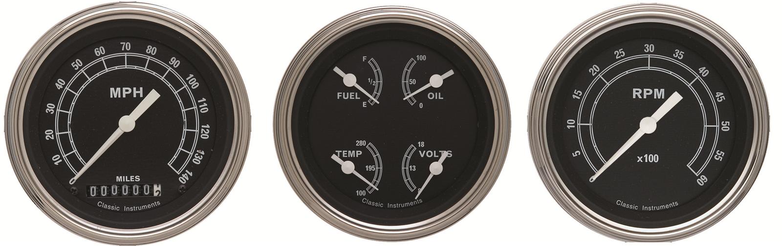 Classic Instruments Traditional Series Gauge Sets TR03SLC Gauges, Traditional, Speedometer, Tach, Water Temperature, Fuel Level, 3 3/8 in., Black Face, Analog, Set of 3