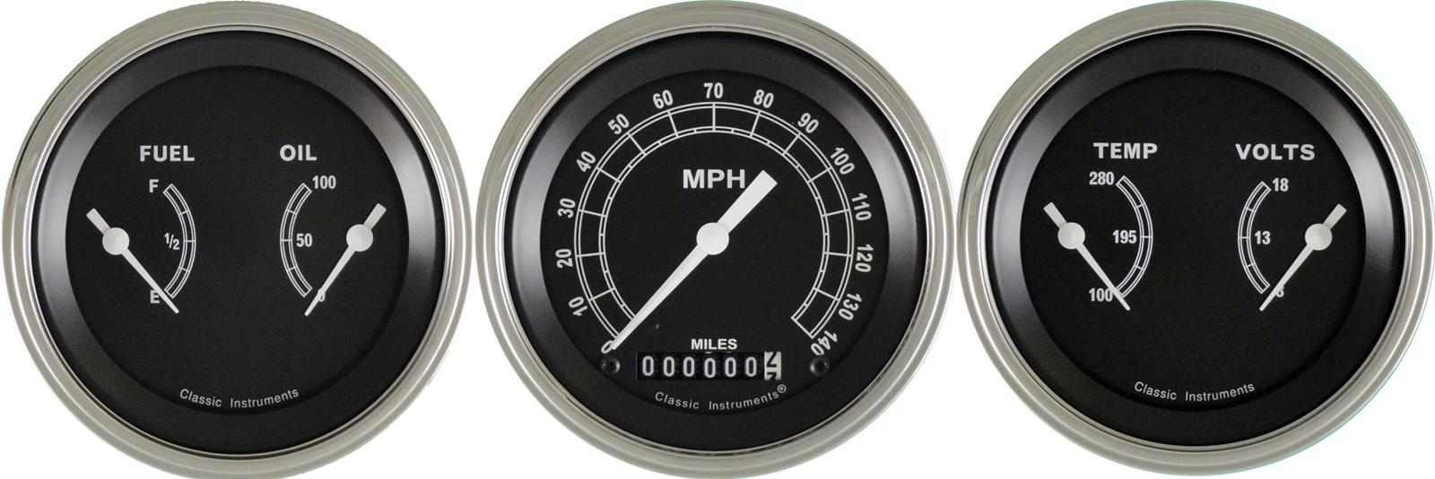 Classic Instruments Traditional Series Gauge Sets TR04SLC Gauges, Traditional, Speedometer, Water Temperature, Fuel Level, 3 3/8 in., Black Face, Analog, Set of 3
