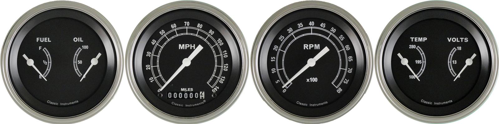 Classic Instruments Traditional Series Gauge Sets TR05SLC Gauges, Traditional, Speedometer, Tach, Water Temperature, Fuel Level, 3 3/8 in., Black Face, Analog, Set of 4