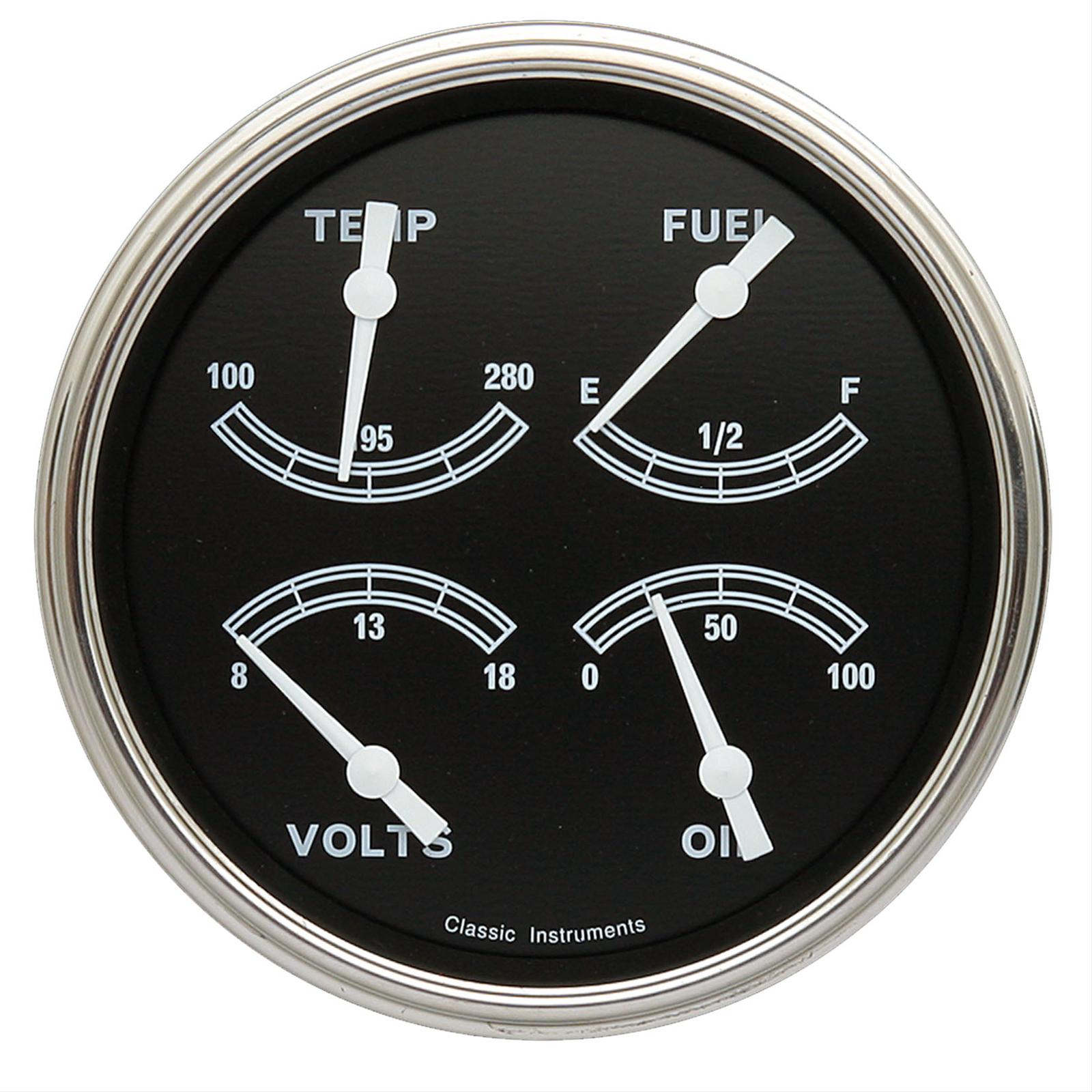 Classic Instruments Traditional Series Gauge Sets TR31SLC Gauge, Traditional, Quad, Water Temperature, Oil Pressure, Fuel Level, 5 in., Black Face, Analog, Each