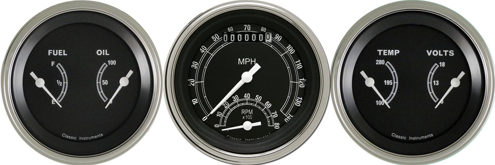 Classic Instruments Traditional Series Gauges TR34SLF Gauges, Traditional, Speedometer, Tach, Water Temperature, Fuel Level, 3 3/8 in., Black Face, Analog, Set of 3