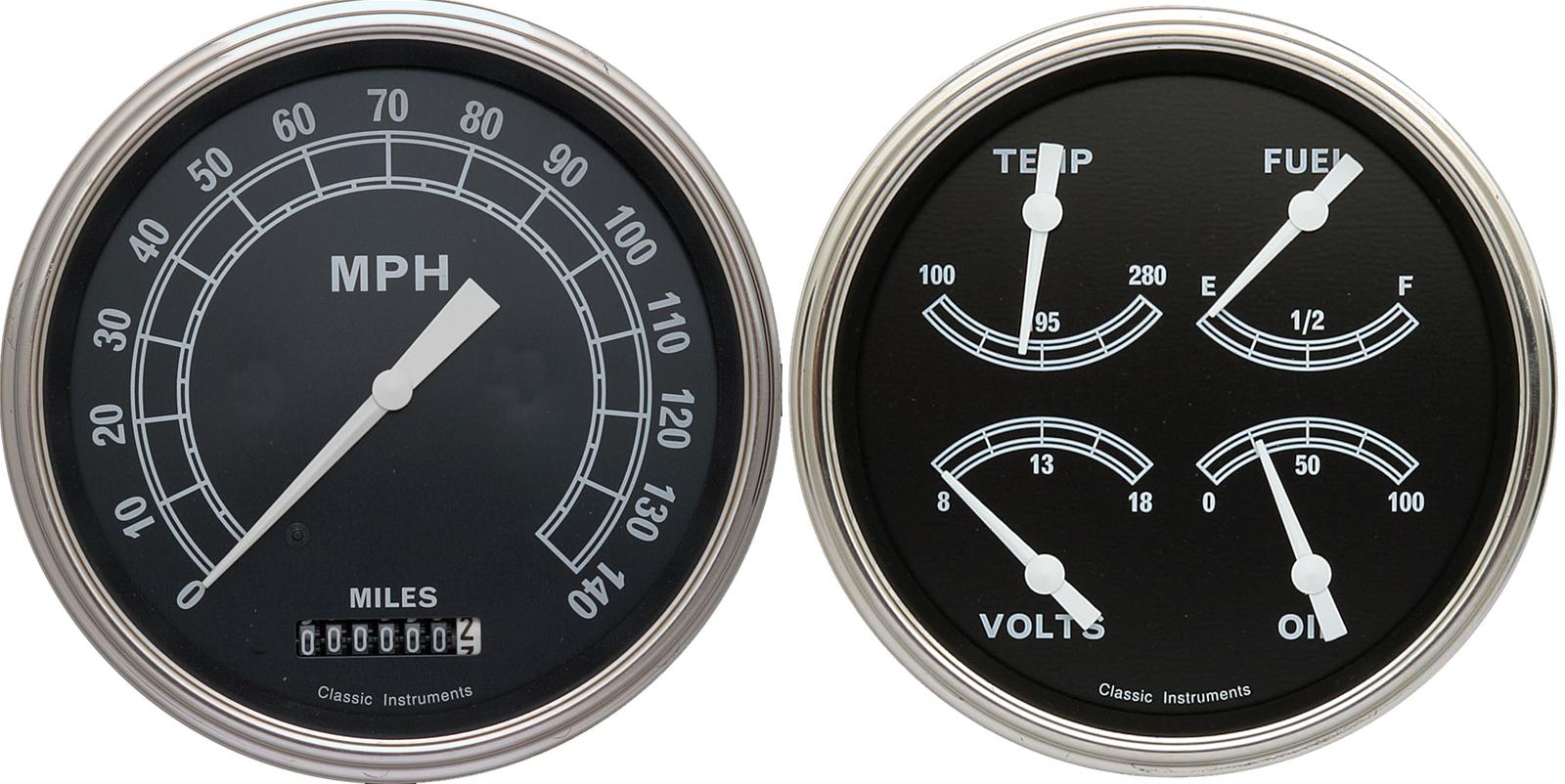 Classic Instruments Traditional Series Gauge Sets TR52SLF Gauges, Traditional, Speedometer, Water Temperature, Fuel Level, Voltmeter, 5 in., Black Face, Analog, Set