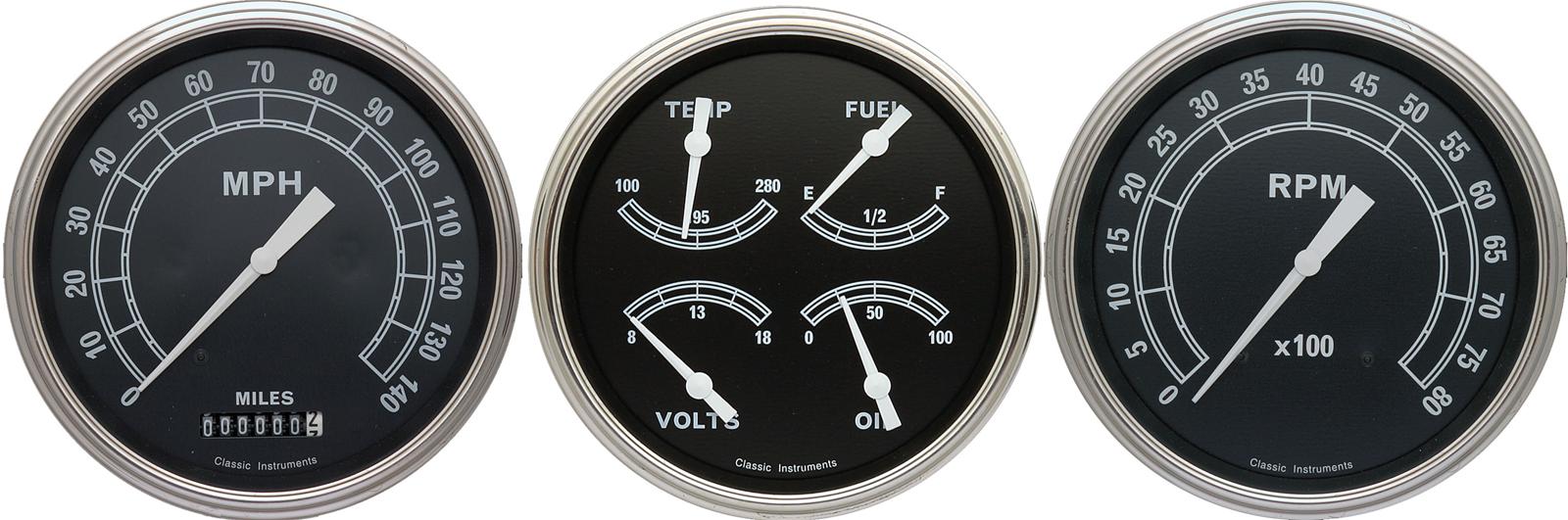 Classic Instruments Traditional Series Gauge Sets TR53SLF Gauges, Traditional, Speedometer, Tach, Water Temperature, Fuel Level, 5 in., Black Face, Analog, Set of 3