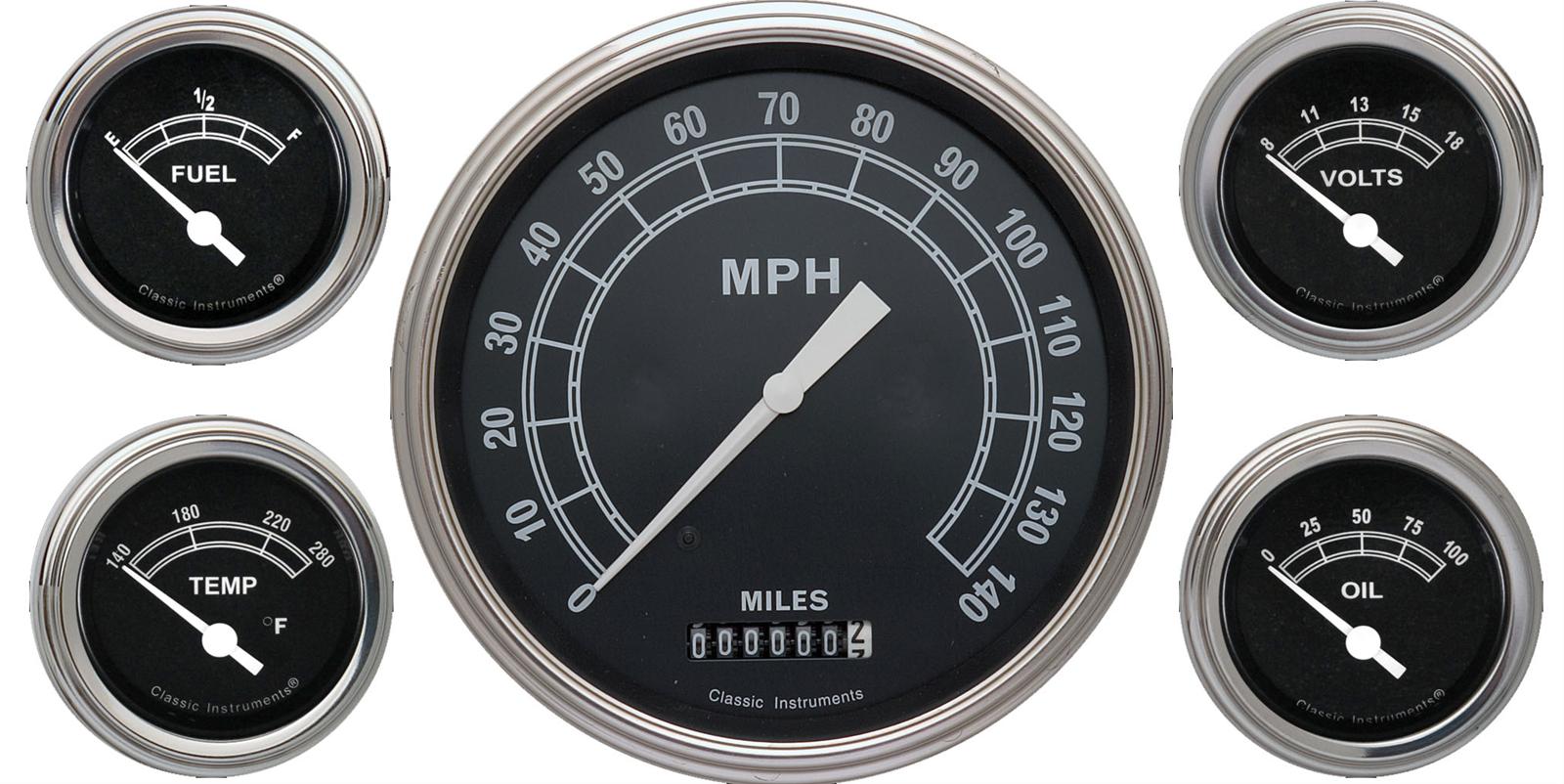 Classic Instruments Traditional Series Gauge Sets TR54SLF Gauges, Traditional, Speedometer, Water Temperature, Fuel Level, Voltmeter, Black Face, Analog, Set of 5