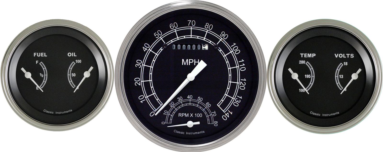 Classic Instruments Traditional Series Gauge Sets TR61SLC Gauges, Traditional, Speedometer, Tach, Water Temperature, Fuel Level, Voltmeter, Black Face, Analog, Set of 3