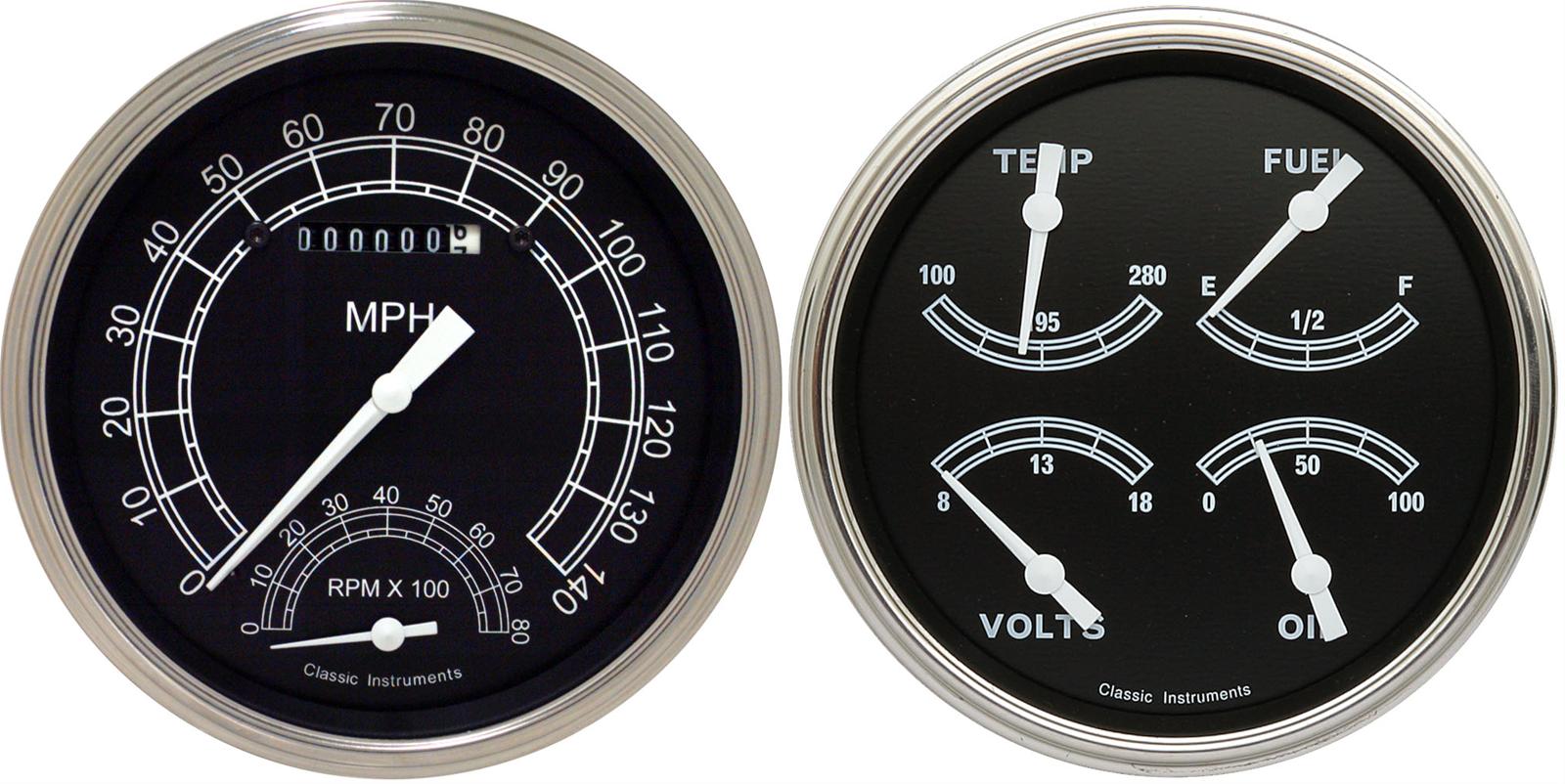 Classic Instruments Traditional Series Gauge Sets TR62SLC Gauges, Traditional, Speedometer, Tach, Water Temperature, Fuel Level, Voltmeter, Black Face, Analog, Set