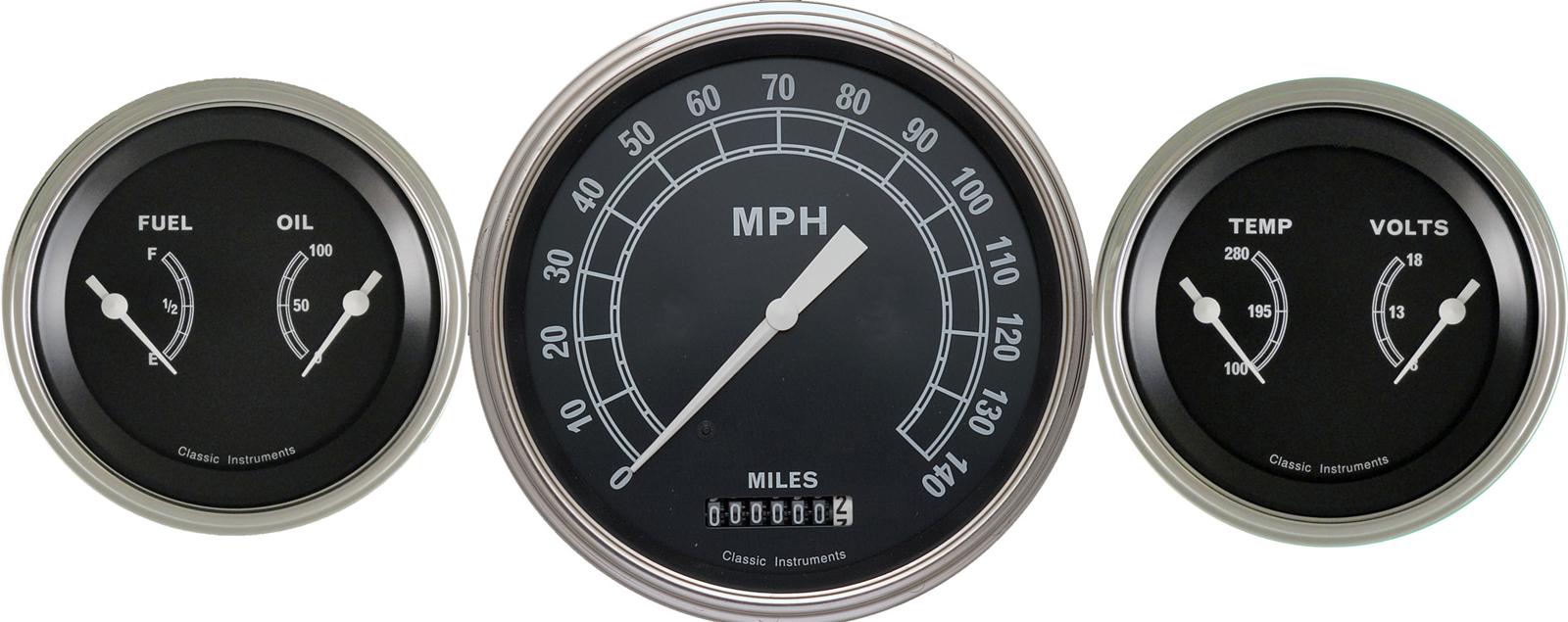 Classic Instruments Traditional Series Gauge Sets TR64SLC Gauges, Traditional, Speedometer, Water Temperature, Fuel Level, Voltmeter, Black Face, Analog, Set of 3