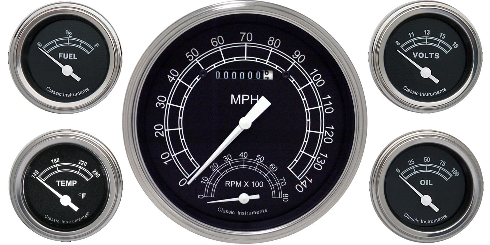 Classic Instruments Traditional Series Gauge Sets TR65SLF Gauges, Traditional, Speedometer, Tach, Water Temperature, Fuel Level, Voltmeter, Black Face, Analog, Set of 5