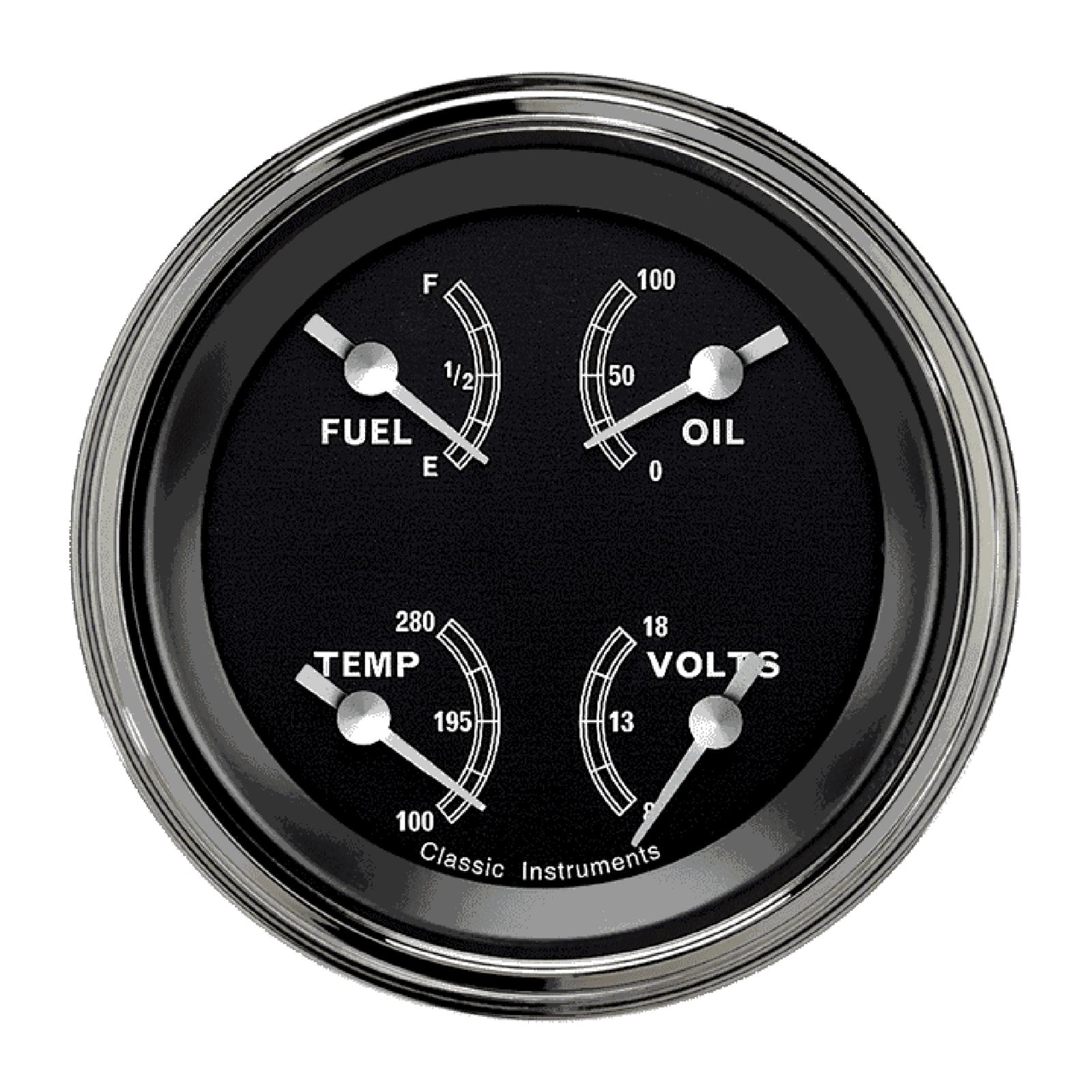 Classic Instruments Traditional Series Gauge Sets TR73SLF Gauge, Series, Quad, Water Temperature, Fuel Level, Voltmeter, 3 3/8 in., Black Face, Analog, Each