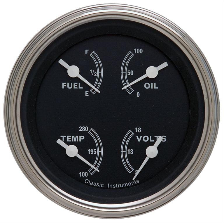 Classic Instruments Traditional Series Gauge Sets TR77SLF Gauge, Series, Quad, Water Temperature, Fuel Level, Voltmeter, 3 3/8 in., Black Face, Analog, Each