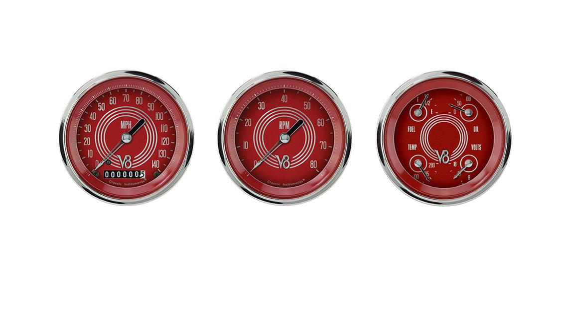 Classic Instruments V8 Red Steelie Series Gauge Sets V8RS03SHC Gauges, Steelie, Speedometer, Tach, Oil Pressure, Water Temperature, Face, Analog, Electronic, Kit