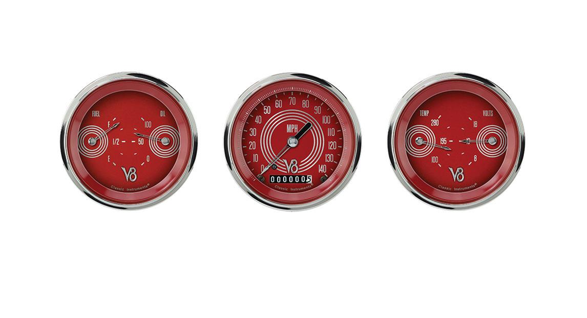 Classic Instruments V8 Red Steelie Series Gauge Sets V8RS04SHC Gauges, Steelie, Speedometer, Oil Pressure, Water Temperature, Face, Analog, Electronic, Set of 3