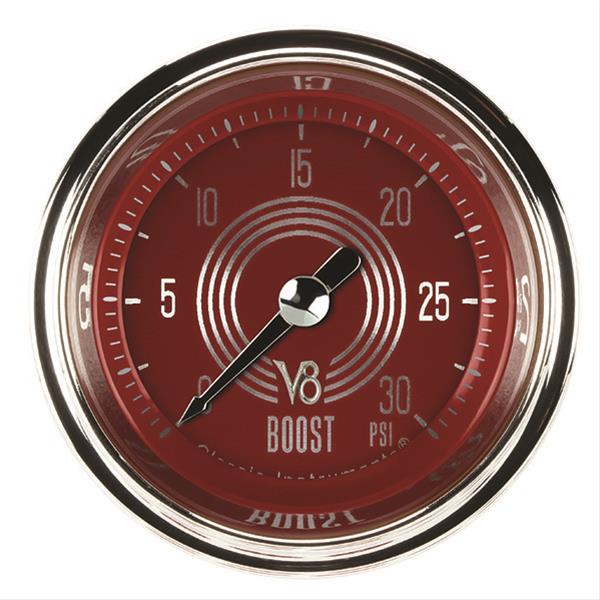 Classic Instruments V8 Red Steelie Series Gauges V8RS142SHC Boost Gauge, RED STEELIE 2" BOOST, 30psi ELEC, FULL SWEEP