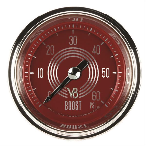 Classic Instruments V8 Red Steelie Series Gauges V8RS143SHC Boost Gauge, RED STEELIE 2" BOOST, 60psi ELEC, FULL SWEEP