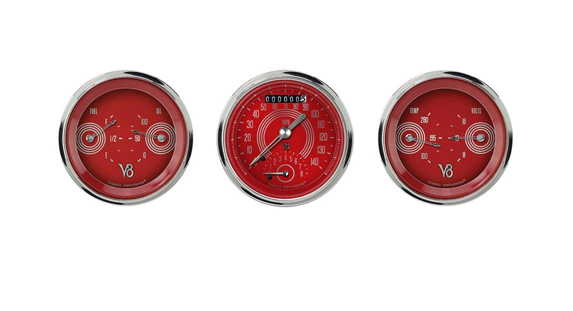 Classic Instruments V8 Red Steelie Series Gauge Sets V8RS34SHC Gauges, Series, Speedometer, Tach, Water Temperature, Fuel Level, Face, Analog, Set of 3