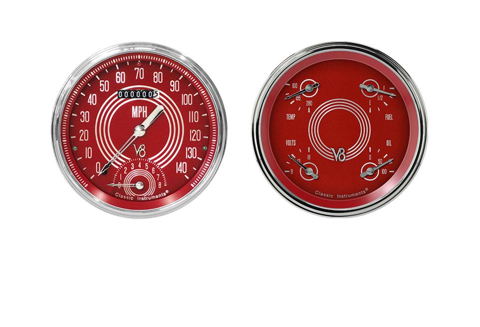 Classic Instruments V8 Red Steelie Series Gauge Sets V8RS62SLC Gauges, Series, Speedometer, Tach, Water Temperature, Fuel Level, Face, Analog, Pair