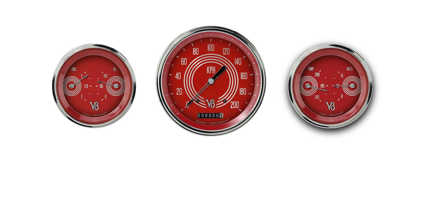 Classic Instruments V8 Red Steelie Series Gauge Sets V8RS64SLC Gauges, Series, Speedometer, Water Temperature, Fuel Level, Face, Analog, Set of 3