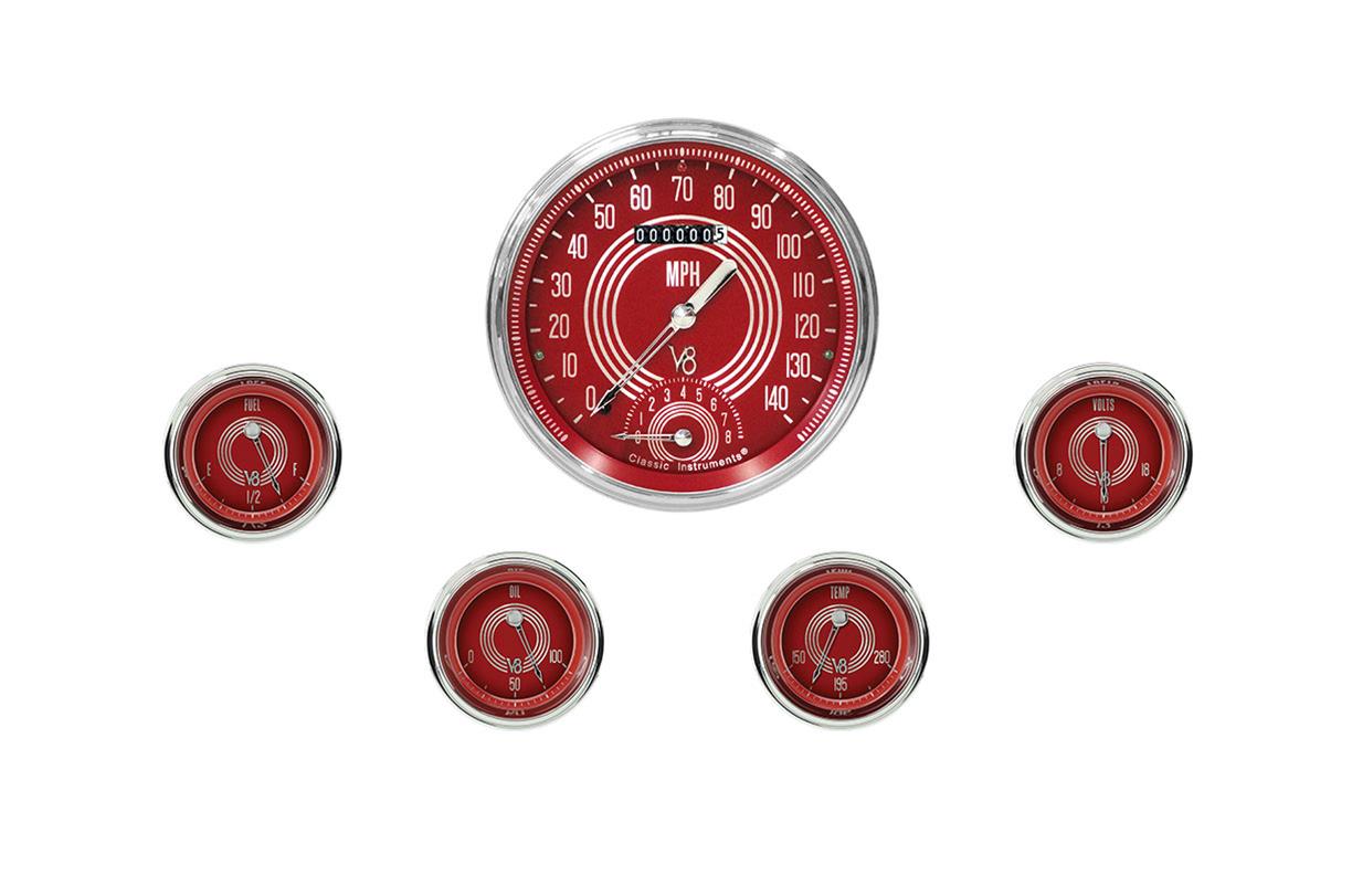 Classic Instruments V8 Red Steelie Series Gauge Sets V8RS65SLC Gauges, Series, Speedometer, Tach, Water Temperature, Fuel Level, Face, Analog, Set of 5