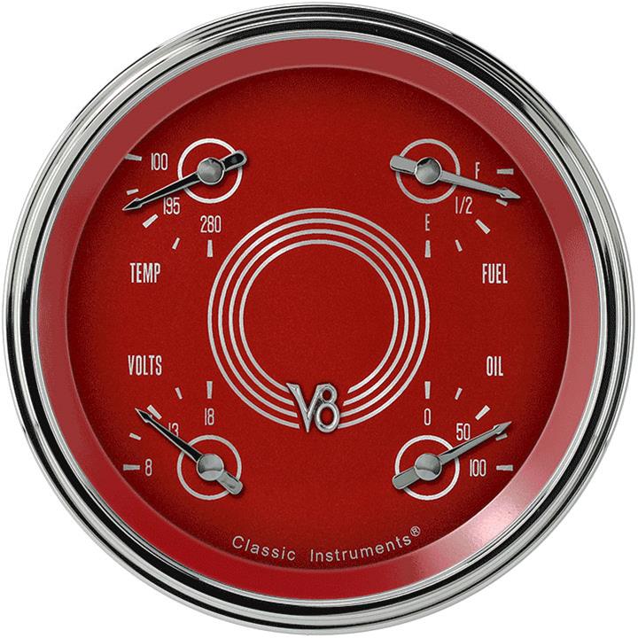Classic Instruments V8 Red Steelie Series Gauge Sets V8RS75SLC Gauge, Series, Analog, Electrical, Fuel, Oil, Volt, Water, 4 5/8 in. Diameter, Face, Each