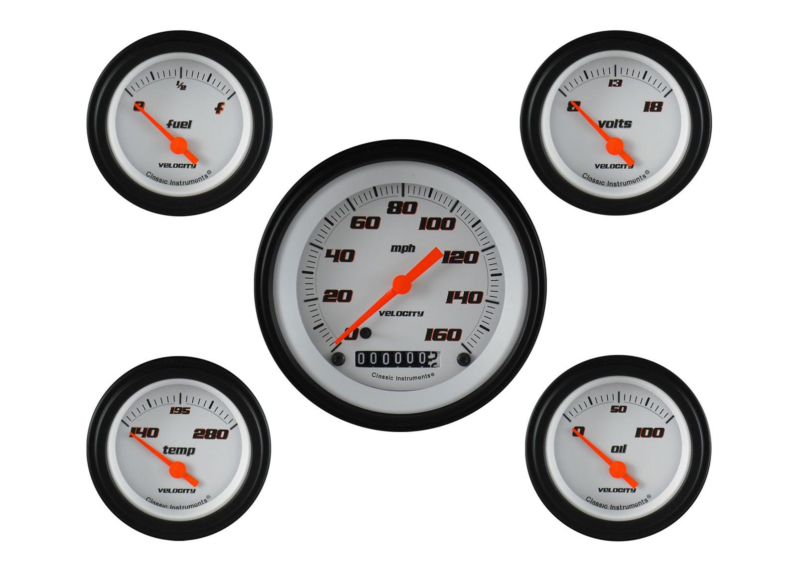 Classic Instruments Velocity Series Gauge Sets VS00WBLF Set, Series, Analog, Electronic, White Face, Orange Pointer, Black Bezel, Kit