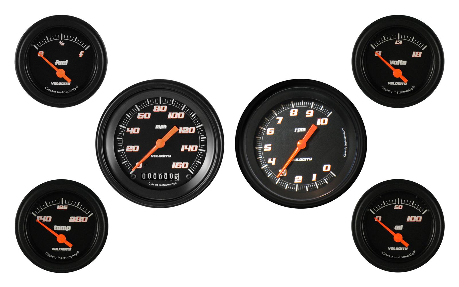 Classic Instruments Velocity Series Gauge Sets VS01BBLF Gauges, Velocity, Analog, Speedometer, Tach, Fuel Level, Oil Press., Volts, Water Temp., Black Face, Set of 6