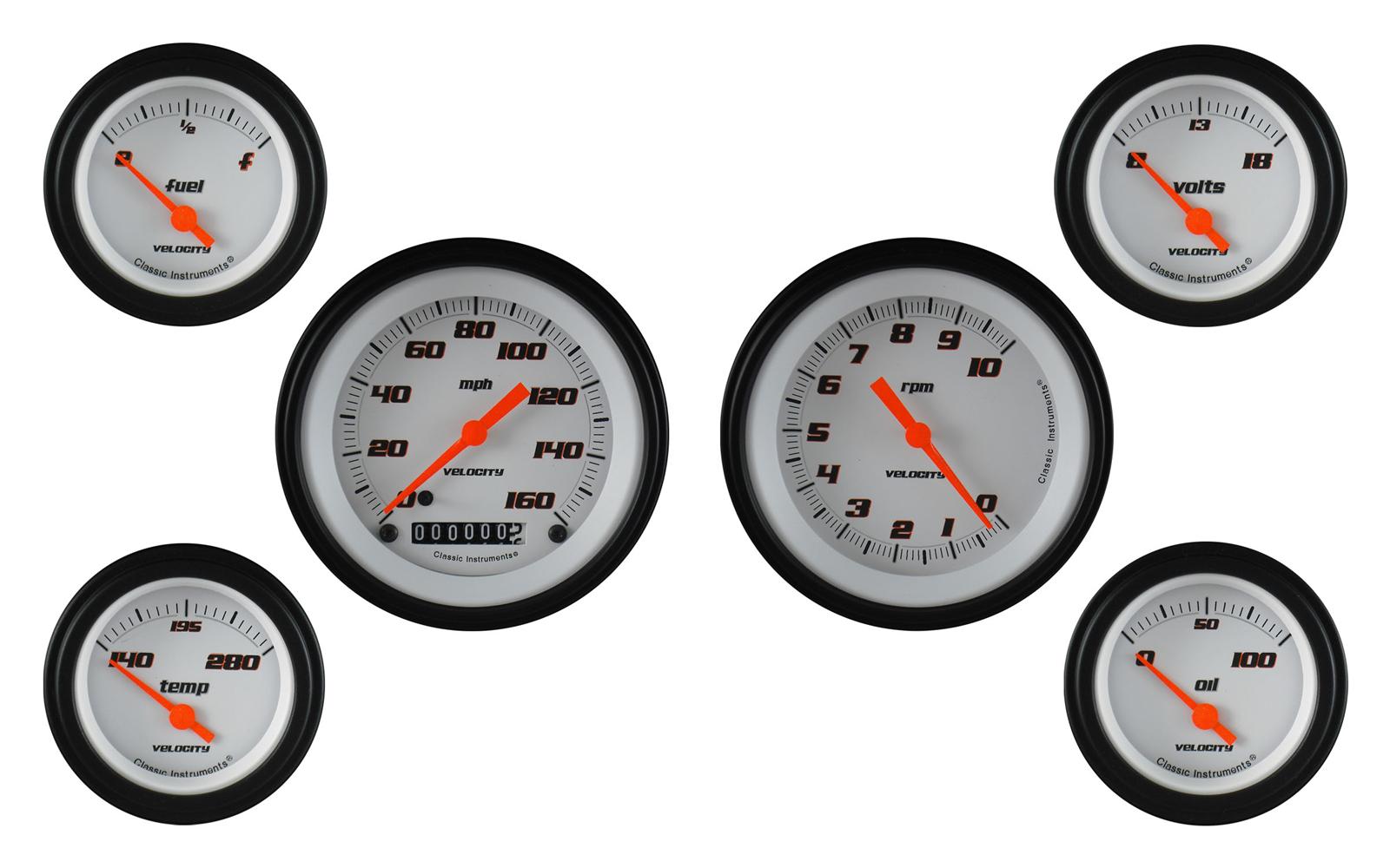 Classic Instruments Velocity Series Gauge Sets VS01WBLF Set, Series, Analog, Electronic, Black Face, Silver Pointer, Polished Bezel, Set