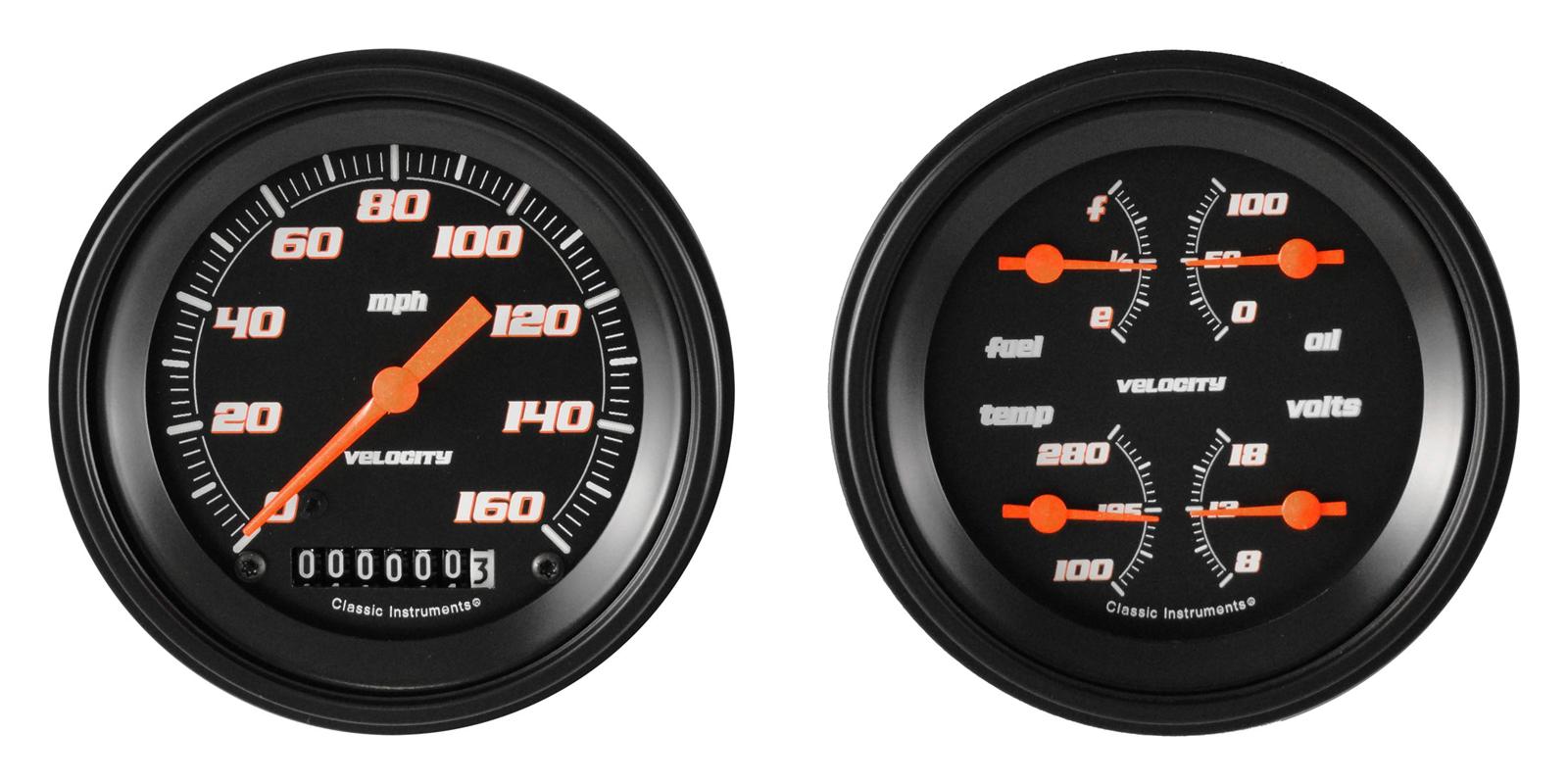 Classic Instruments Velocity Series Gauge Sets VS02BBLF Set, Series, Analog, Electronic, Black Face, Orange Pointer, Black Bezel, Kit