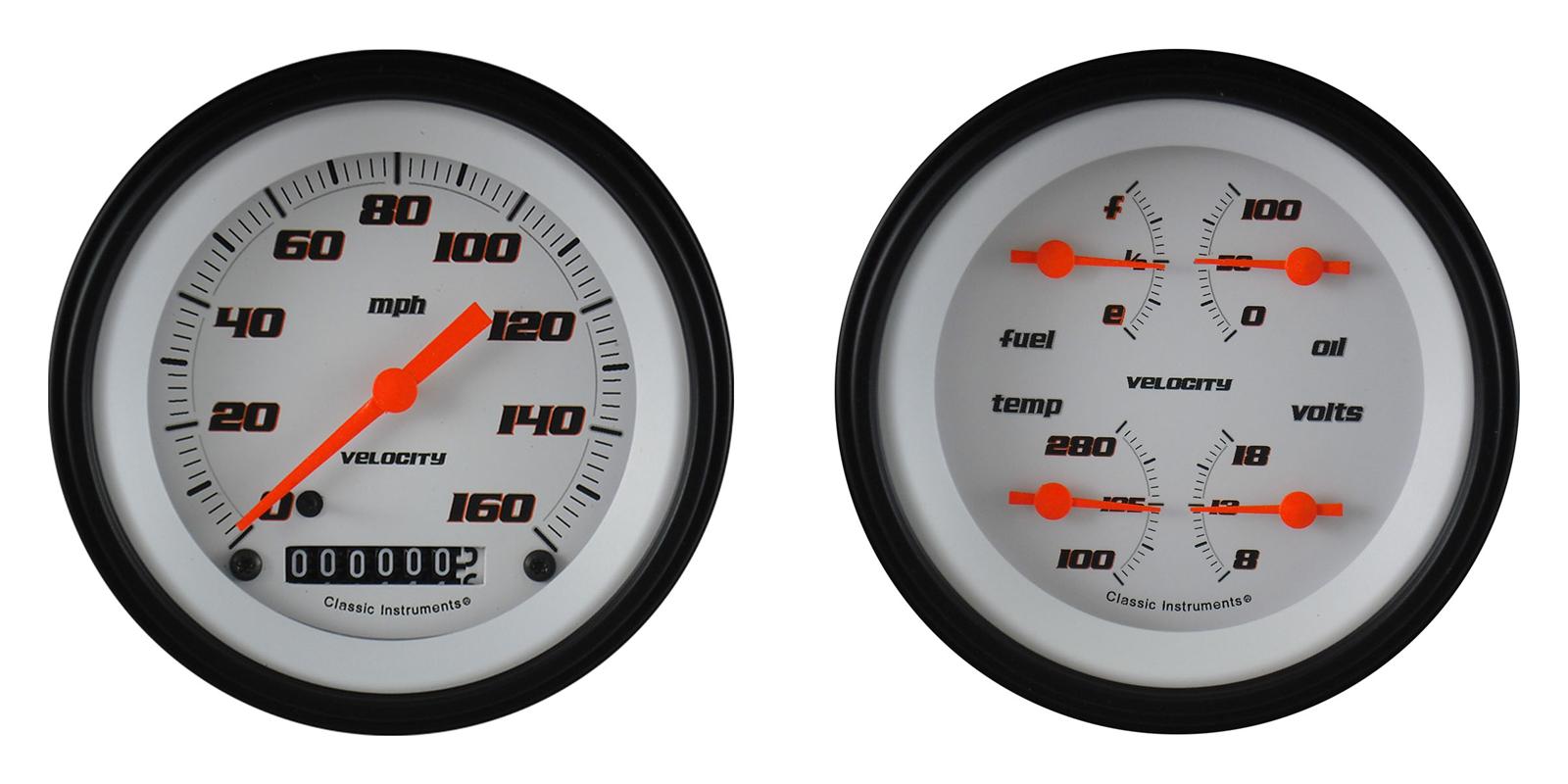 Classic Instruments Velocity Series Gauge Sets VS02WBLF Set, Series, Analog, Electronic, White Face, Orange Pointer, Black Bezel, Kit