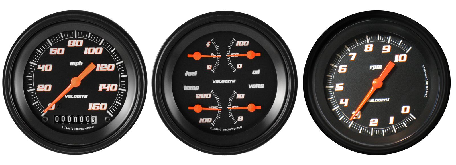 Classic Instruments Velocity Series Gauge Sets VS03BBLF Gauges, Velocity, Speedometer, Tach, Water Temperature, Fuel Level, 3 3/8 in., Black Face, Analog, Set of 3