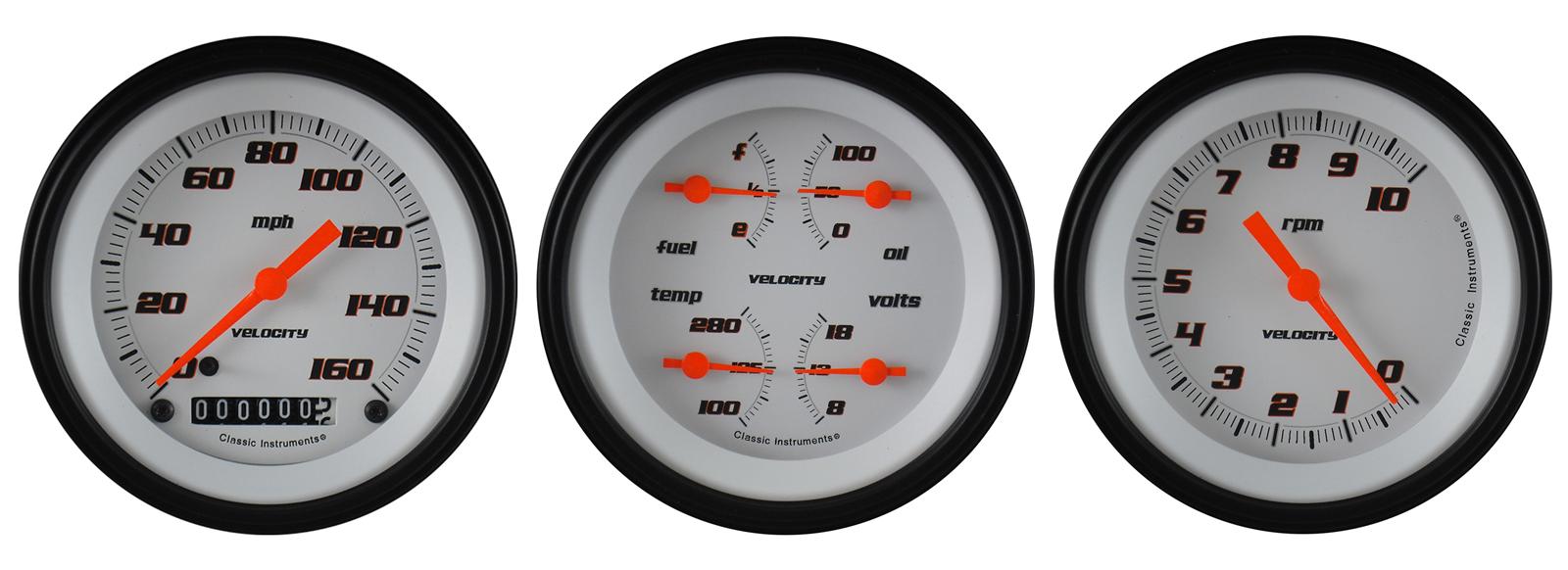 Classic Instruments Velocity Series Gauge Sets VS03WBLF Gauges, Velocity, Speedometer, Tach, Water Temperature, Fuel Level, 3 3/8 in., White Face, Analog, Set of 3