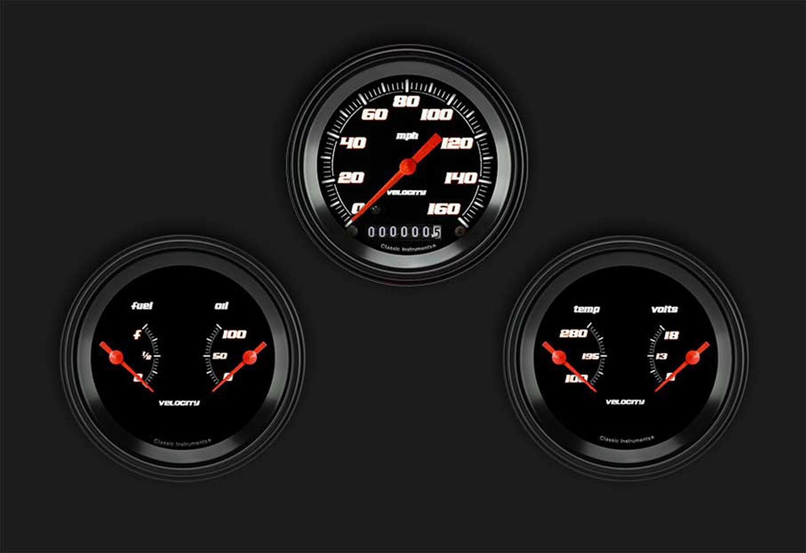 Classic Instruments Velocity Black Series Gauge Sets VS04BBLF Gauges, Series, 3 3/8 in., Speedometer, Water Temp, Oil Pressure, Voltmeter, Fuel Level, Low-Step Bezel, Flat Lens, Kit