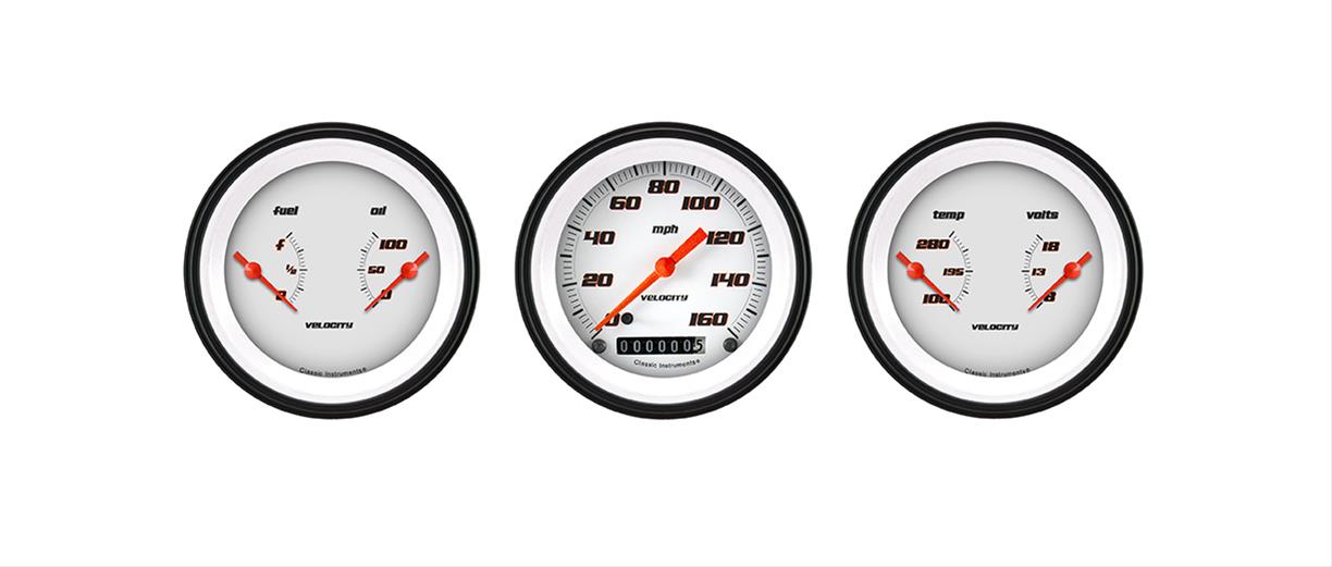 Classic Instruments Velocity Series Gauge Sets VS04WBLF Kits, Series, Analog, Speedometer, Fuel Level, Oil Pressure, Volts, Water Temp., White Face, Black with Orange Outline Numbers, Kit